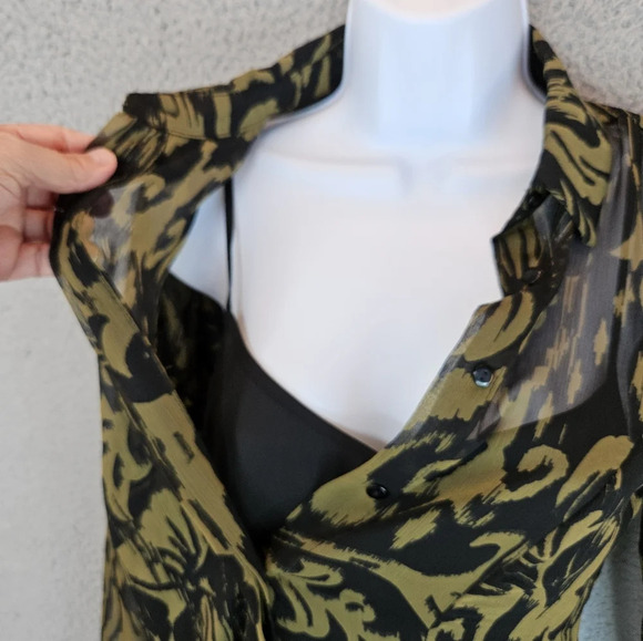 1. State Women's Green & Black Abstract Chiffon Lined Shirt Dress Sz XS - Picture 6 of 12